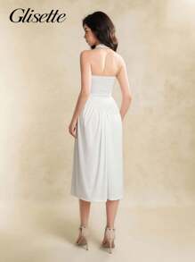 少女连衣裙，白色长裙细肩带方领束腰露背，适合度假、户外、学校、春夏季 - 白色 - 查看 2