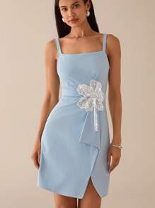 Lilora Women's Elegant 3D Flower Decor Slip Dress, Summer Powder Blue Dress Blue Wedding Guest Dress Floral Applique Dress Urban Style Urban Leisure, Romantic And Elegant, Going Out - Blue - View 1