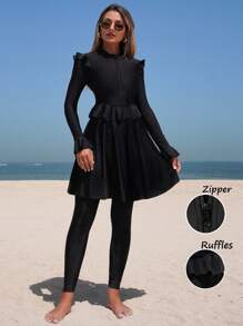 Swim Mulvari Solid Color Elegant Vacation Women's Burkini Swimsuit Set For Summer