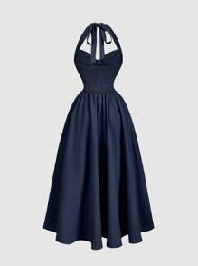 SHEIN MOD Women's Halter Neck Ruched Bow Swing Dress, Navy Color Party Women Outfits,New Years Eve Outfit,Masquerade Ball Dress,Birthday Women Outfits,Sexy Navy Dress,Dress With Bow Dress,Princess Women Dress For New Year - Navy Blue - View 2