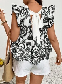 SHEIN Frenchy 大码女式夏季优雅休闲刺绣系带后背荷叶边拼接蓝白衬衫 - 黑色 - 查看 1