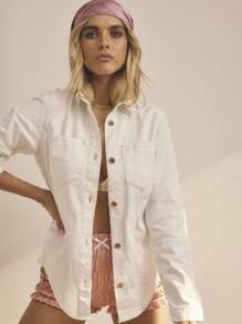 Aralina 夏季/冬季/秋季牛仔夹克，金色细节，适合秋季乡村音乐会 Y2K 斯德哥尔摩风格街头服饰 - 米色 - 查看 1