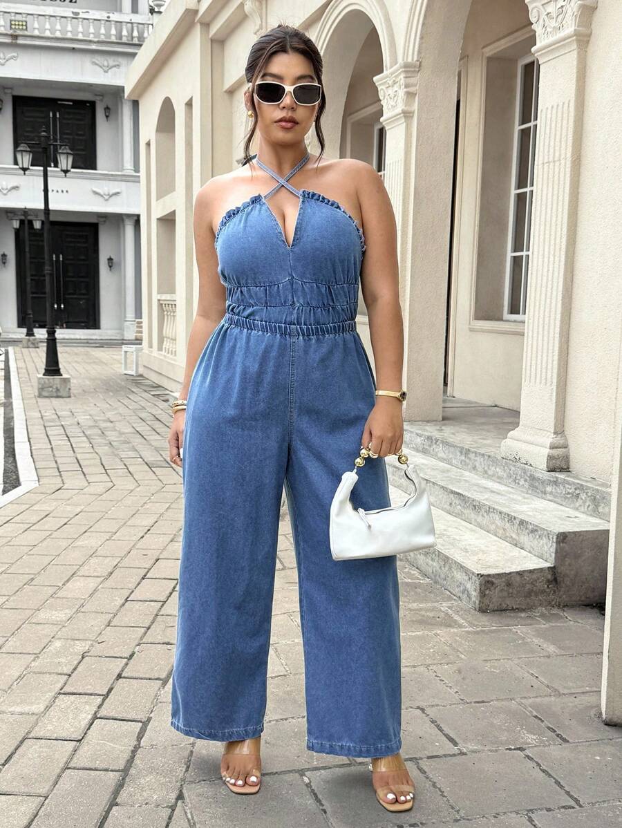 SHEIN ICON 大码女式无弹力休闲夏季牛仔连体裤 - 藍色 - 查看 1