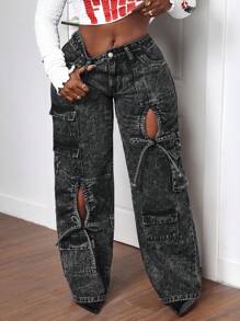Slaydiva Celana Jeans Wanita Ukuran Plus Longgar Model Boyfriend Sobek dengan Kaki Lebar, Pakaian Musim Gugur untuk Wanita - Hitam - View 5
