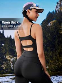 Gameset SHEIN Sport Solid Color Backless Jumpsuit Jumpsuit, Slim Fit - Black - View 3