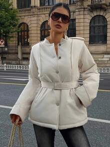 DAZY 女士白色精致优雅束腰中长款厚棉袄，成熟淑女风冬季外套 - 白色 - 查看 8