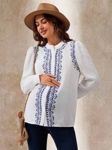 Boho Mama Damen elegante Bluse mit Blume Muster und Puffärmeln, Einzelreiher, Bohemien Vintage Muster, weiße Langarmbluse, Boho Stil Damen Bluse, Langarmbluse, Herbst Damen Bluse - Blau-Weiß - Übersicht 5