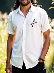 Manfinity Homme 男士夏季度假风格棕榈树印花短袖衬衫 - 白色 - 查看 5