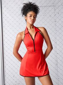 CourtClass Vestido de yoga y activewear casual versátil con cierre y cuello de halter para mujeres - Rojo - Ver 1
