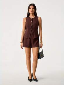 SHEIN Tall 女士休闲夏季商务前扣背心短裤套装秋冬 - 棕色 - 查看 8