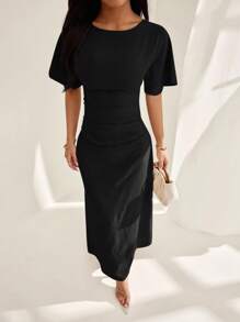 SHEIN PETITE 女式夏季纯色亚麻混纺休闲优雅连衣裙， - 黑色 - 查看 3