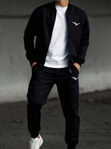 SHEIN Stylish Tween Boys Black Jacket And Pants Combo With Regular Sleeves And Classic Fit Tracksuit Sweatsuit Fall Winter