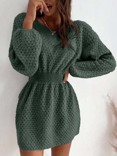 SHEIN LUNE Women's Solid Round Neck Drop Shoulder Long Sleeve Cinched Waist Casual Knit Dress Fall Winter Cloth For Women