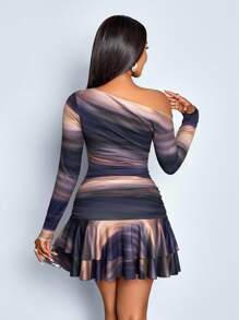 SOLERSUN Women's Oblique Shoulder Waist Hemline Short Sleeve Mini Dress, Random Gradient Smudged Pattern, Elegant & Sexy For Seaside Vacation, Beach Travel, Commuting
