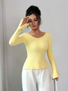 Selianne Off Shoulder Cutout Sleeve Slit Hem Versatile Mustard Yellow Knit Sweater Top, Suitable For Spring, Autumn, Winter Knit Pullover Fall - Butter Yellow - View 4