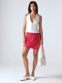 LYSMO 简约红色条纹裙，校园制服，舒适休闲，通勤百搭女士短裙 - 紅色 - 查看 6