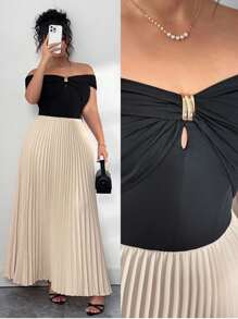 Elenzga Große Größen Elegantes plissiertes Farbblock-Kleid, Off-Shoulder für Damen, Off-Shoulder