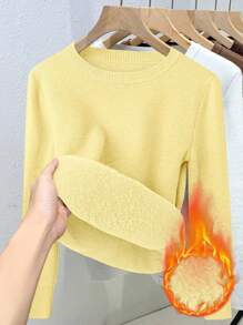 Franclia 女式修身落肩圆领保暖毛衣针织套头衫秋冬 - 黃色 - 查看 4