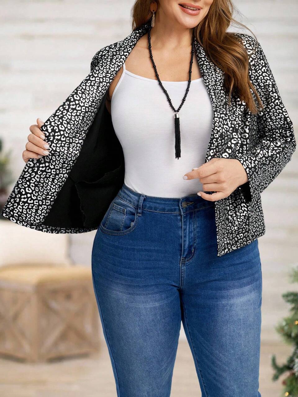 Plus Size Leopard Print Long Sleeve Casual Versatile Jacket,Autumn,Elegant,Black And White,Night Out Club Cheetah Print Women's Jackets,Concert Tops