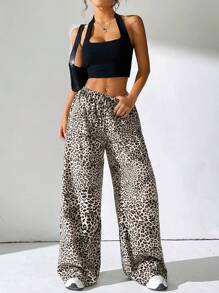 SHEIN EZwear Pantalon de vacances décontracté grande taille à imprimé animalier rétro à jambes larges - Tabac - Voir 8