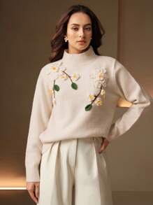 Anewsta Áo len cổ cao thanh lịch với thiết kế hoa trà 3D, thời trang sành điệu cho mùa thu/đông - Màu Khaki - Xem 4