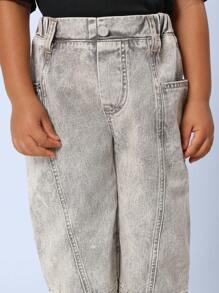 SUMWON 儿童宽松筒形牛仔裤 舒适棉质牛仔裤 休闲日常休闲装 松紧腰带 四季皆宜的下装 百搭街头风格 - 灰色 - 查看 6