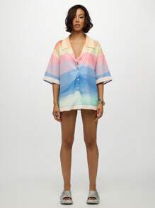 SUMWON WOMEN Resort Vacation Button Up Blouse Collared Hawaiian Ombre Watercolor Print Summer Beach Cover Lounge Wear Relaxed Fit Pastel Rainbow