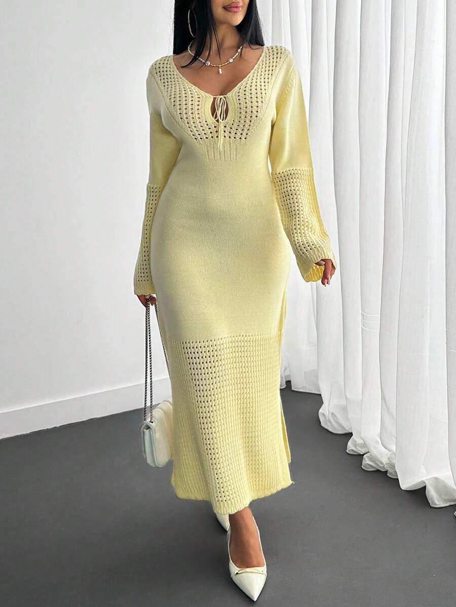 EURMUSE Sukienka Sweterowa Damska Masło Żółta Sukienka