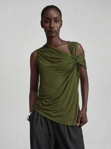 Ontre 2025 夏秋季女士纯色不对称领口褶皱设计衬衫，适合夏季度假、海滩、派对、百搭、节日、社交、多功能、日常、商务休闲办公穿着