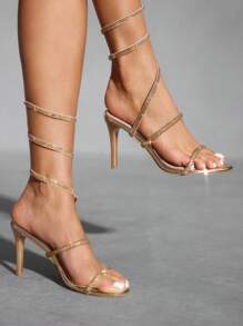 CUCCOO SZL Round Toe High Heel Rhinestone Studded Sexy Ladies' High Heel Sandals - Champagne - View 6