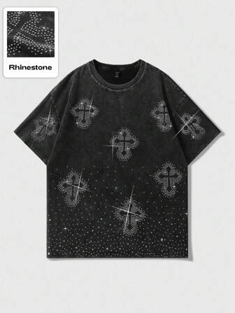 Street Life Camiseta de hombre con estampado de cruz con efecto brillante, estilo callejero estadounidense vintage, camiseta de manga corta unisex