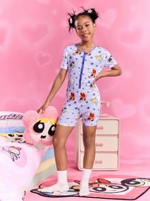 THE POWERPUFF GIRLS X SHEIN Tween Girls Cartoon Blossom, Bubbles, Buttercup & Star Print Purple Sweet Summer Breathable Short Sleeve Romper Snug Fit Pajamas - Multicolor - View 4