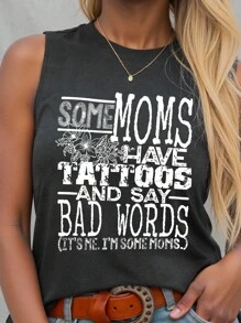 EMERY ROSE Plus Size Crew Neck Sleeveless Letter Print Simple Casual Top, For Summer - Dark Grey - View 1