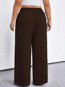 EMERY ROSE Plus Size Women's Solid Color Tie Waist Pocket Wide Leg Pants Fall Cloth For Women - Brown - View 2