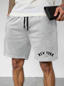 Manfinity Homme 字母印花抽绳腰部休闲短裤，带口袋，夏季