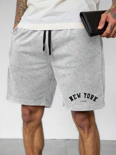 Manfinity Homme Letter Print Drawstring Waist Casual Shorts With Pockets, Summer