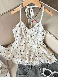 INAWLY Sexy Butterfly Print Drawstring Backless Halter Top - Apricot - View 6