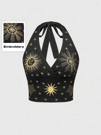 Goth Débardeur à fines bretelles brodé avec motifs vintage mystérieux d'étoiles, de lune et de soleil