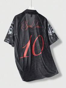 ROMWE MEN Street Life Camisa polo de manga corta con diseño vintage americano de Nuestra Señora, estilo callejero para hombres - Negro - Ver 5