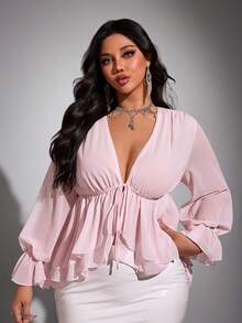 Viva Relle 大码性感雪纺蝴蝶结衬衫 - 粉色 - 查看 1