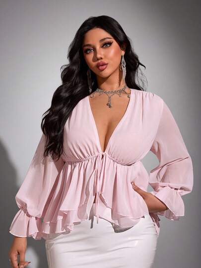 Viva Relle Plus-Size New Year Sexy Solid Color Deep V-Neck Ruffled Hem Sash Long-Sleeve Valentine's Day Shirt