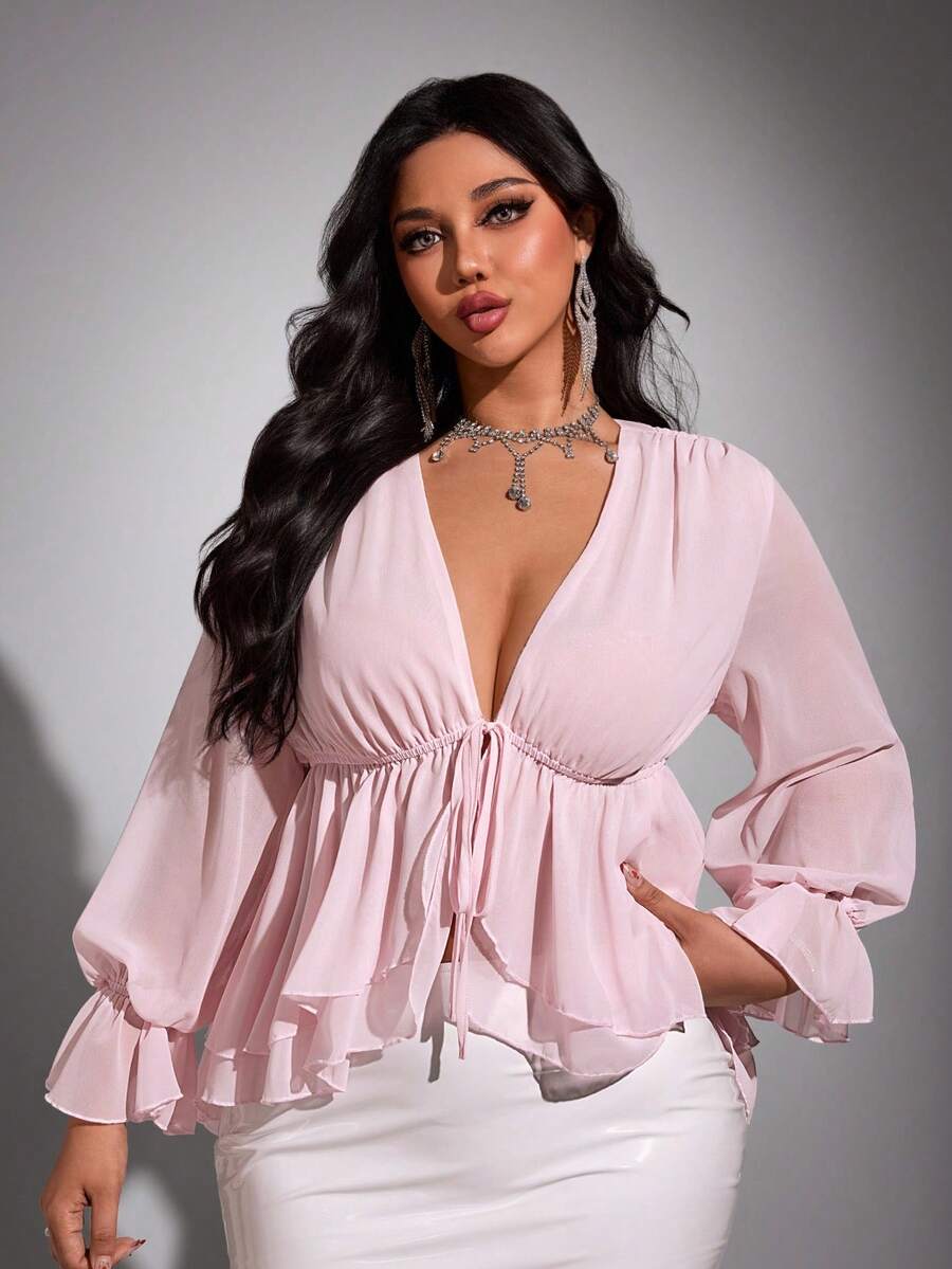 Viva Relle 大码性感雪纺蝴蝶结衬衫 - 粉色 - 查看 1