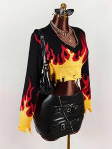 Amplova Fall Clothes Women Fire Pattern Distressed Crop Sweater,Long Sleeve Tops - Black - View 5