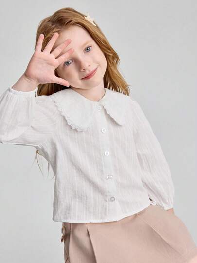 Ontre Young Girl Contrast Lace Peter Pan Collar Lantern Sleeve White Casual Blouse, Autumn/Spring Fall Winter