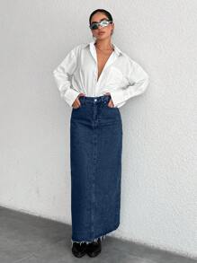 EURMUSE Women's Pockets & Frayed Hem Straight Casual Long Denim Skirt - Dark Wash - View 3