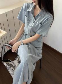 DAZY 女士纯色短袖衬衫和牛仔裙套装 - 中等水洗藍 - 查看 5