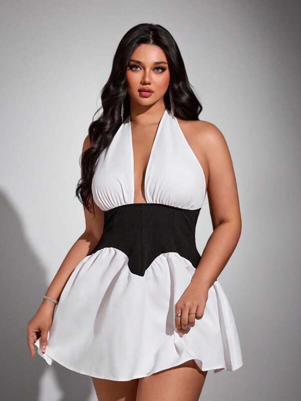 Viva Relle Plus Size Fashionable Black And White Color Block Mini Dress