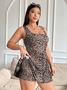 SHEIN EZwear Enterizo informal minimalista con bolsillo, estampado de leopardo, talla grande, apto para el verano