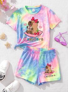 SHEIN 2pcs Tween Girls Casual Tie Dye Capybara Print, Cherry Bow Print, Chill Chill Summer Graphic Short Sleeve Top And Shorts Set, Summer Capybara Shirt Tie Dye Set Girls Cute Set Cute Sets Teen Capybara Pajamas - Multicolor - View 2