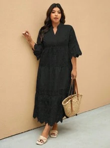 Elaquor Plus Size Solid Color Hollow Out Embroidery Casual Vacation Dress - Black - View 7